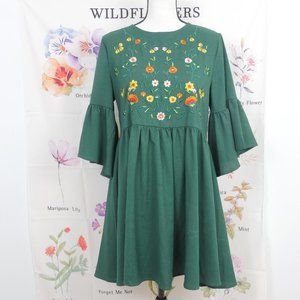 Shein Green Embroidered Flower Wide Gathered Sleeve Boho Retro Hippie SZ M Dress